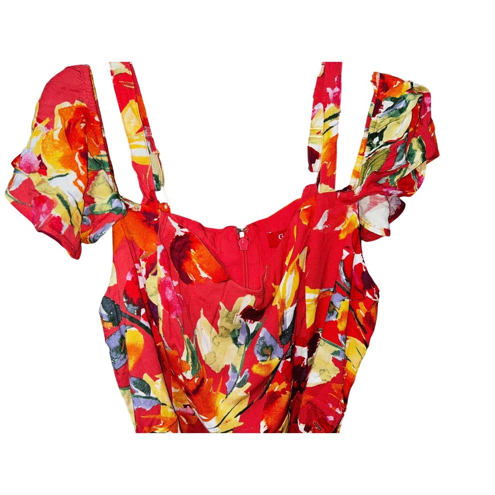 Guess Womens Floral Cold Shoulder Dress Red Multi Color A-Line Large - Picture 4 of 7
